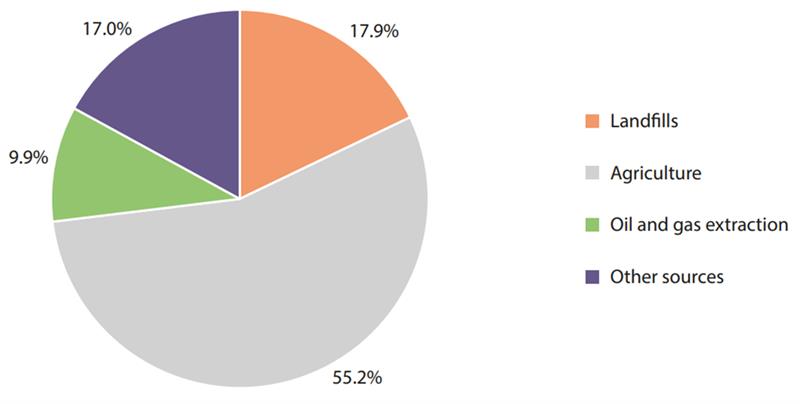 Percentage of Methane Emissions by Sub-category, 2020